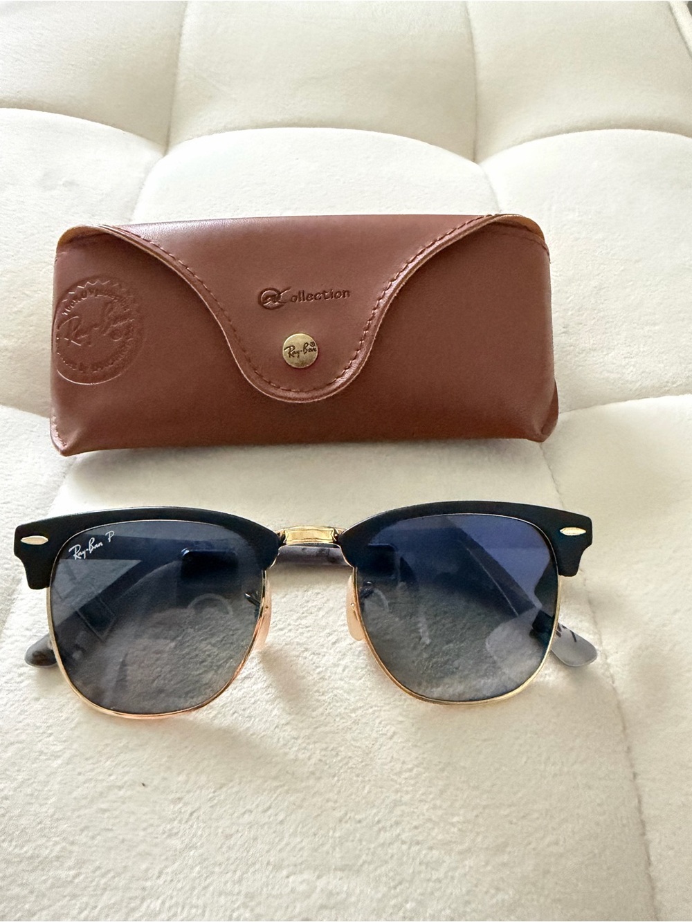 Ray-Ban Black & Gold Clubmaster Sunglasses with Brown Case